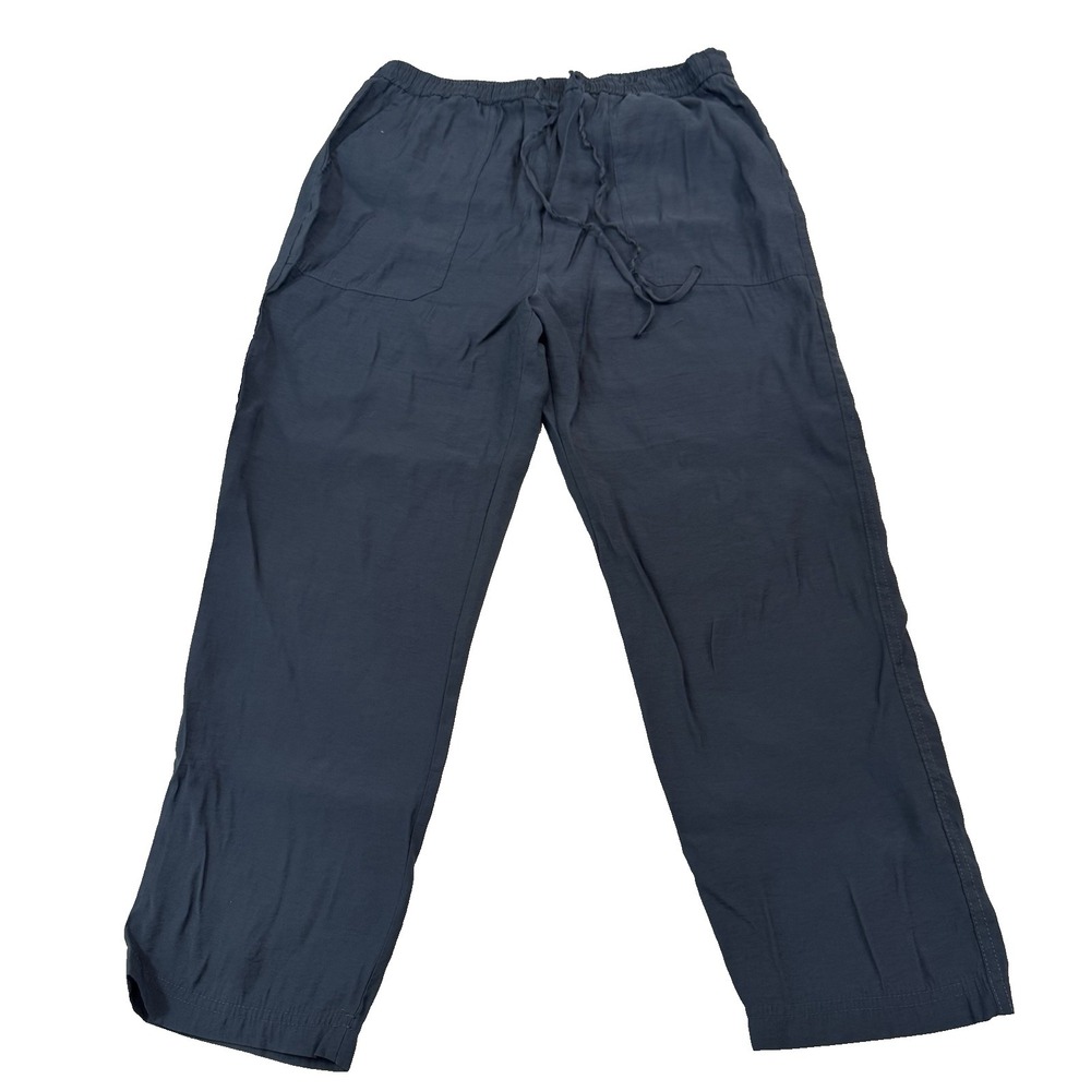 Zara Womens High Waist Cropped Pants Size Large Blue Drawstring Front Pockets